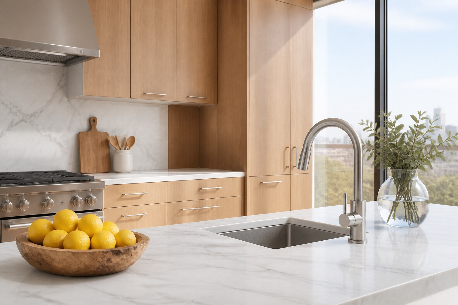 Cuisine d'appartement moderne, nette et lumineuse