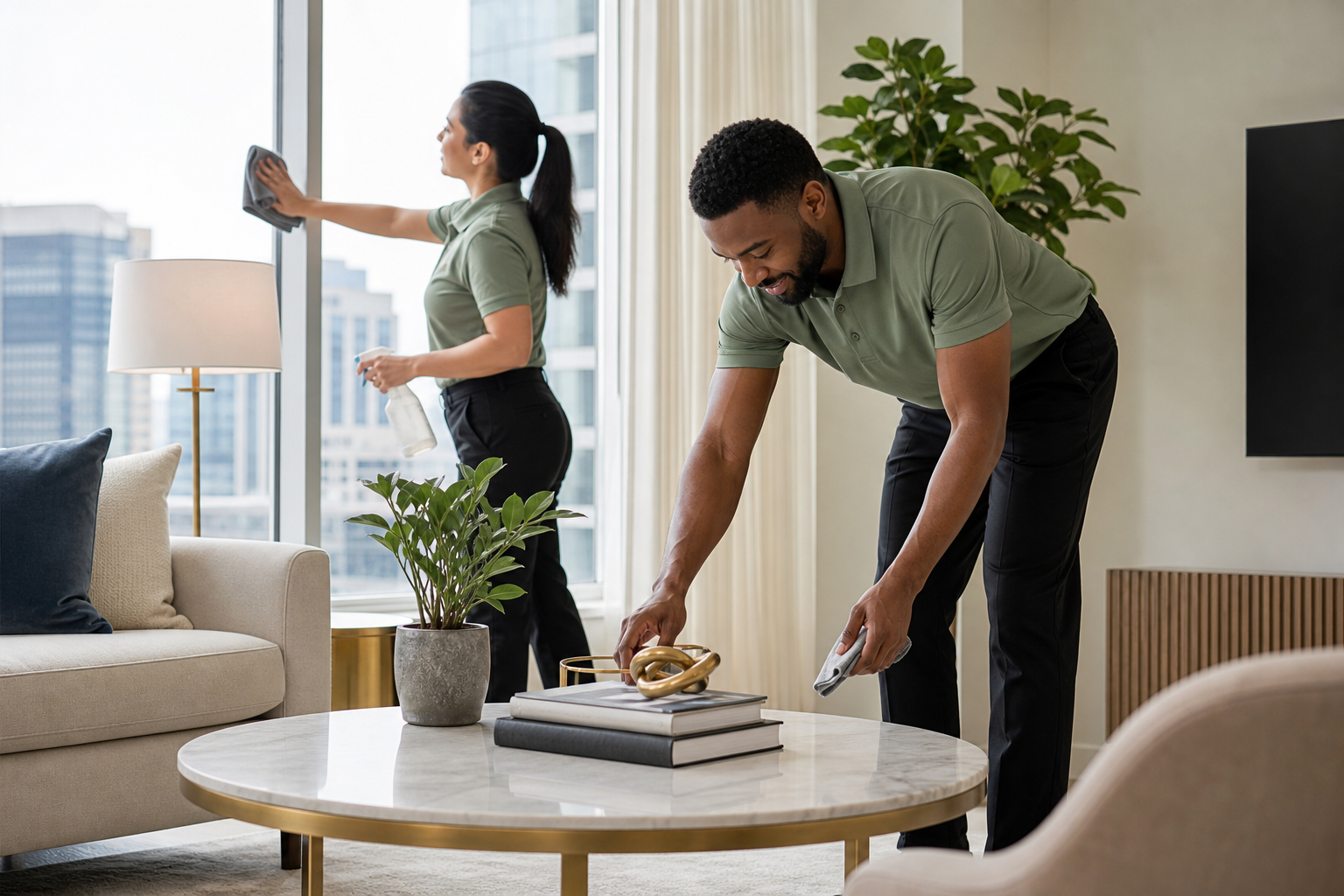 Deux professionnels CleanMyZone au travail dans un appartement lumineux
